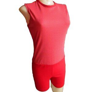 XS Vintage 1970s Red Sleeveless Ribbed Nylon/Polyester One-Piece Romper